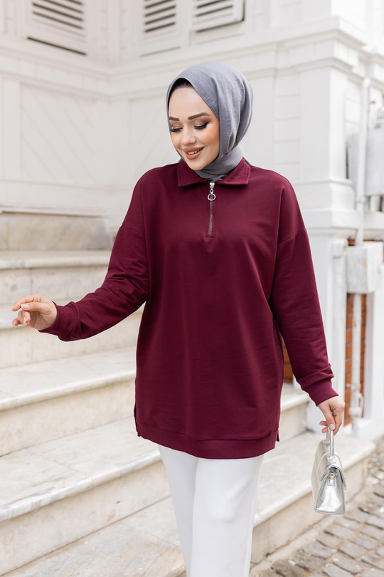 Yarım Fermuarlı Tunik Bordo