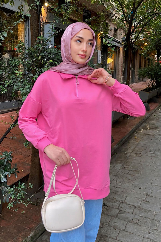 Yarım Fermuarlı Tunik Pembe