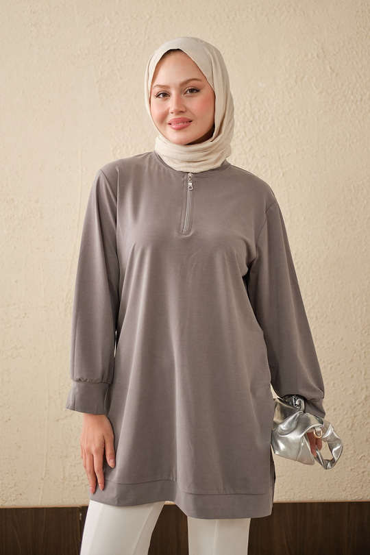 Yarım Fermuarlı Yırtmaçlı Bisiklet Yaka Uzun Tunik Gri
