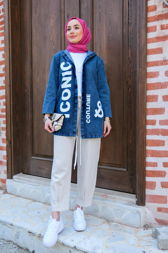 Yazı Baskılı Kapşonlu Ceket MAVI