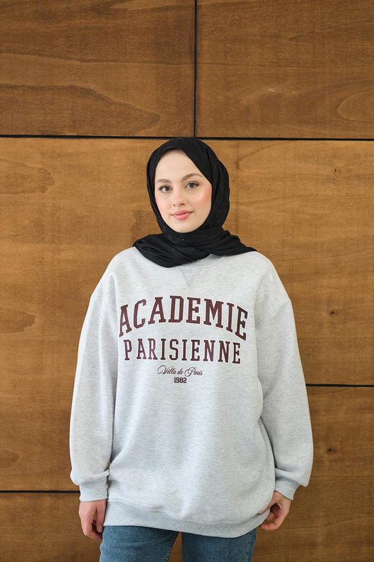 Yazı Baskılı Nakış İşlemeli Oversize Sweat Gri
