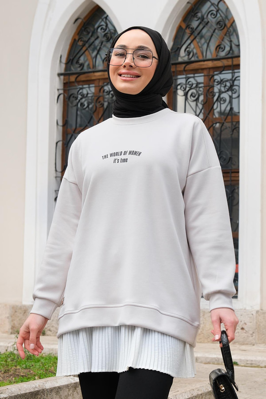Yazı Baskılı Oversize Sweat Krem
