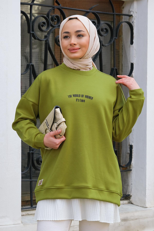 Yazı Baskılı Oversize Sweat Yağ Yeşil