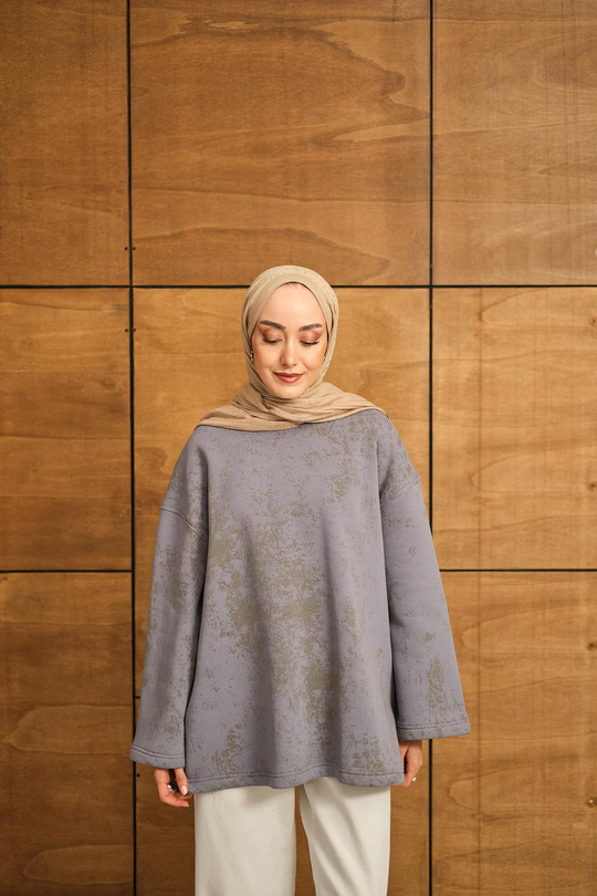 Yıkama Desen Sweat Gri