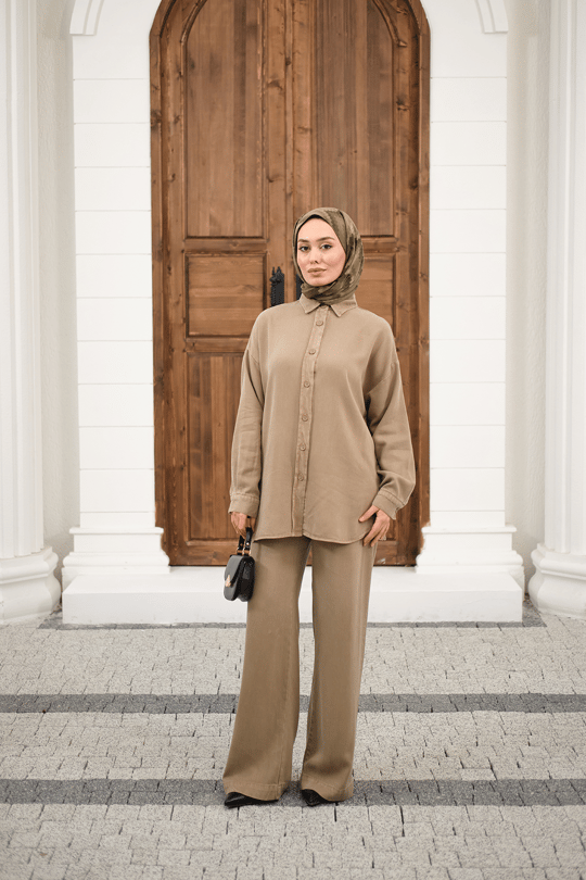 Yıkama Detay Beli Lastikli Boru Paça Gömlekli Takım Vizon