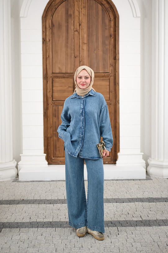 Yıkama Detay Beli Lastikli Boru Paça Gömlekli Takım Buz Mavi