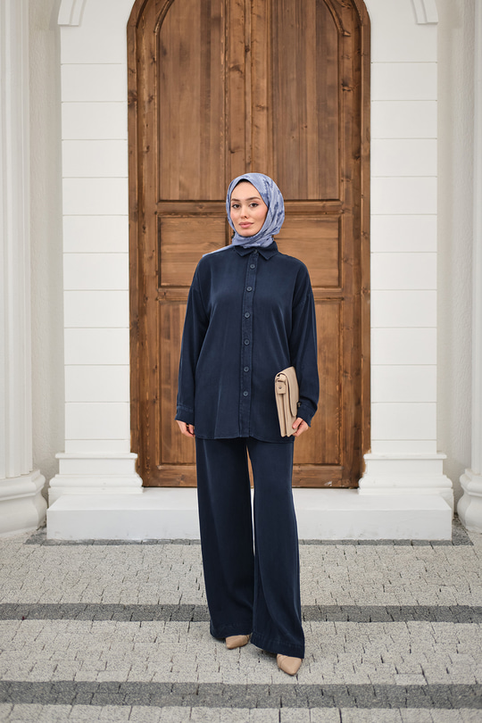 Yıkama Detay Beli Lastikli Boru Paça Gömlekli Takım Lacivert