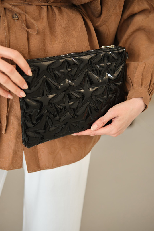 Yıldız Desenli Parlak Clutch Çanta Siyah