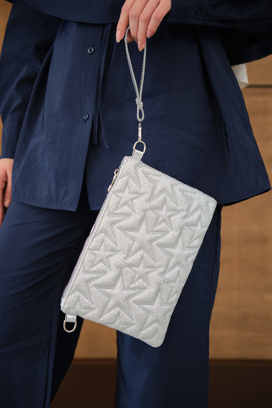 Yıldız Desenli Sim Detay Clutch Çanta Gri