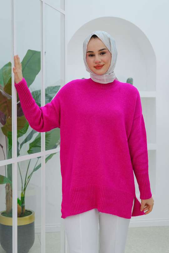 Yırtmaçlı Triko Kazak  Pembe