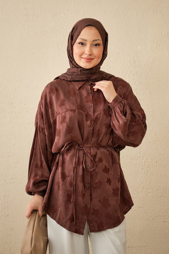 Yonca Desen Saten Bel Bağlamalı Gömlek Bordo