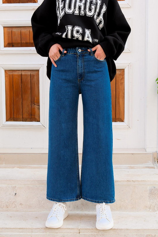 Yüksek Bel Bol Paça Kot Pantolon Mavi