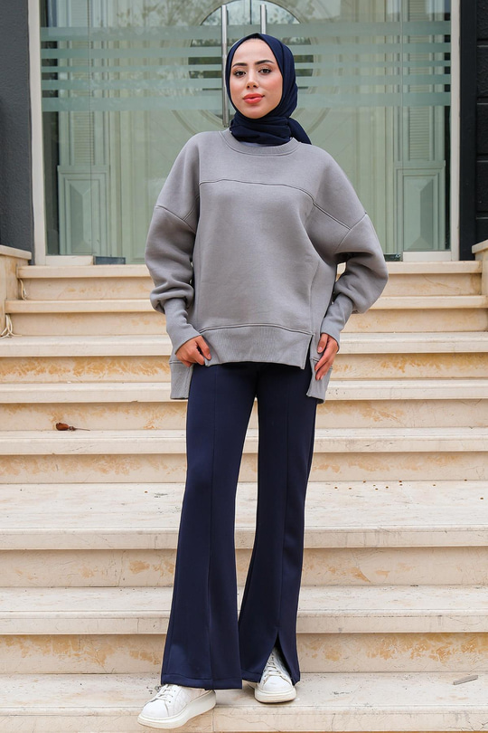 Yüksek Bel Scuba Yırtmaçlı Pantolon  Lacivert