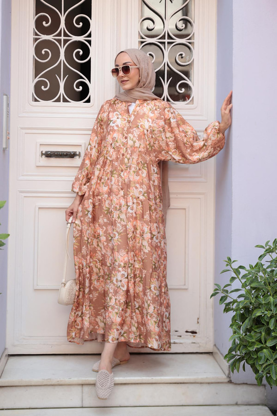 Zambak Desen Elbise Kahverengi