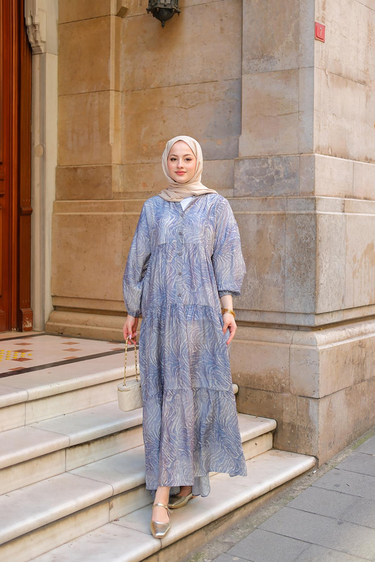 Zebra Desen Elbise  Mavi