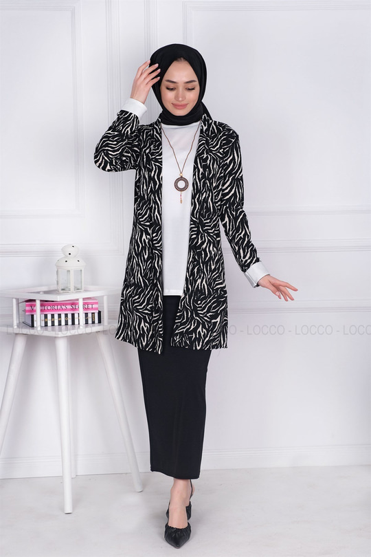 Uygun Fiyatlı ZEBRA DESEN SAL YAKA ICLI CEKET SIYAH | Loccomoda.com 