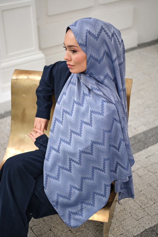 Zikzak Desen Şal İndigo Mavi