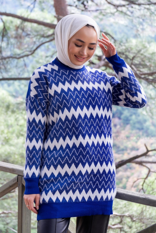 Uygun Fiyatlı ZIKZAK DESEN TRIKO TUNIK SAX MAVI | Loccomoda.com 