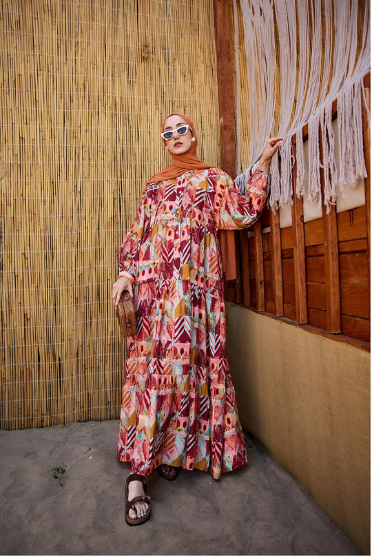 Zİkzak Desenli Elbise Bordo