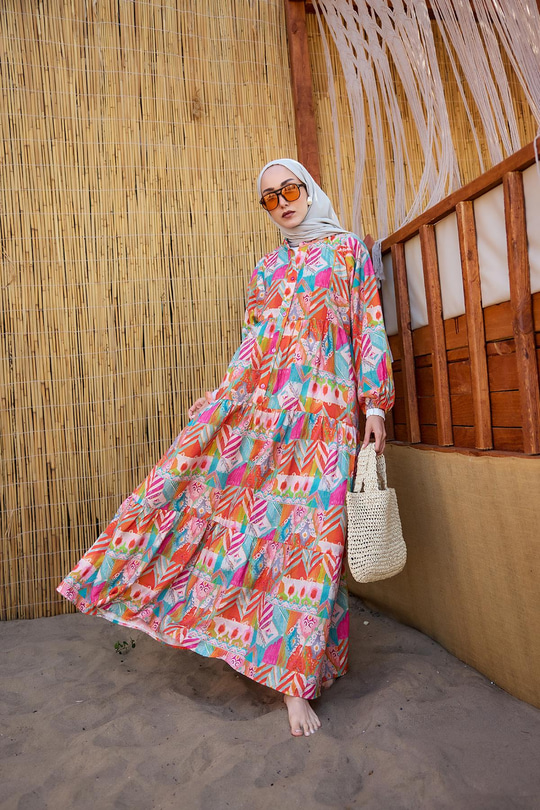 Zİkzak Desenli Elbise Kiremit