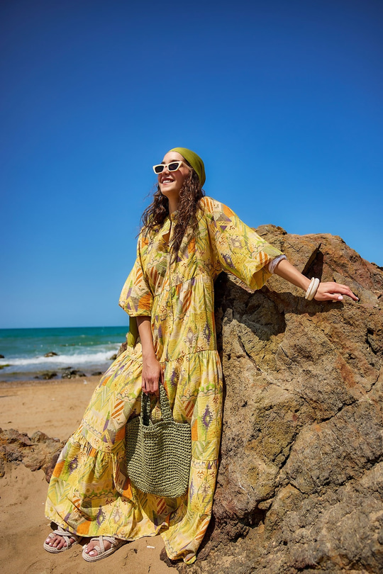 Zİkzak Desenli Elbise Sarı