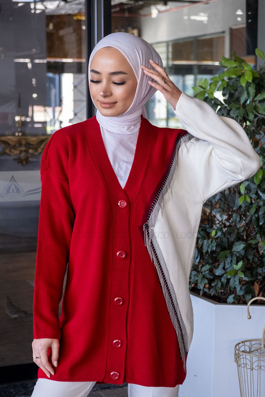 Uygun Fiyatlı ZINCIR DETAY TRIKO HIRKA KIRMIZI | Loccomoda.com 