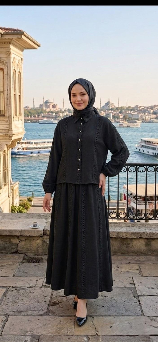 ŞERİT DETAYLI ETEKLİ KETEN TAKIM