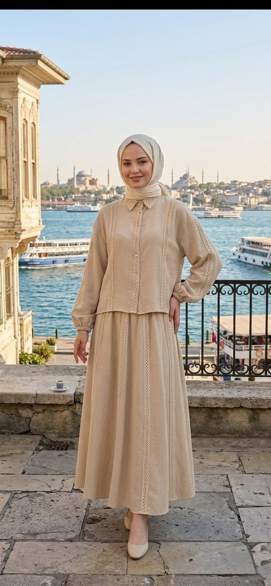 ŞERİT DETAYLI ETEKLİ KETEN TAKIM