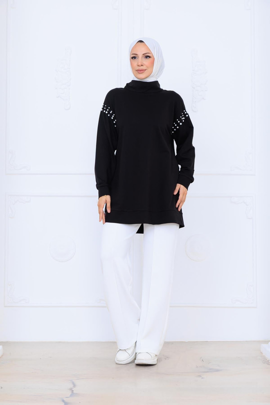 TAŞ DETAYLI DİK YAKA SWEATSHIRT