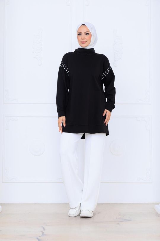 TAŞ DETAYLI DİK YAKA SWEATSHIRT