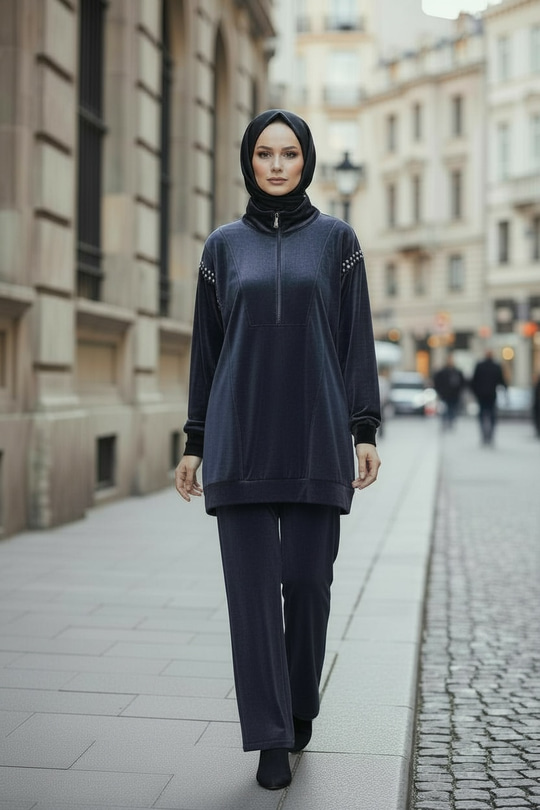 TAŞLI YARIM FERMUARLI KADİFE TAKIM