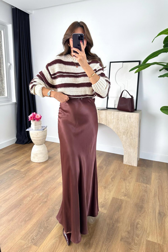 Shely Bordo Beli Lastikli Maxi Boy Saten Etek
