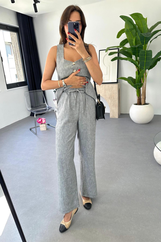 Lariss Gri Beli Bağlamalı Yelek Pantolon Takım