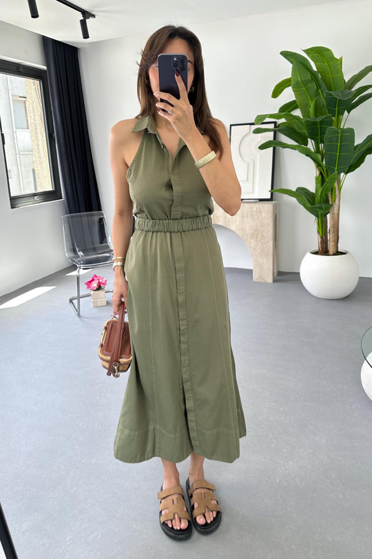 Loves Haki Halter Yaka Gabardin Elbise