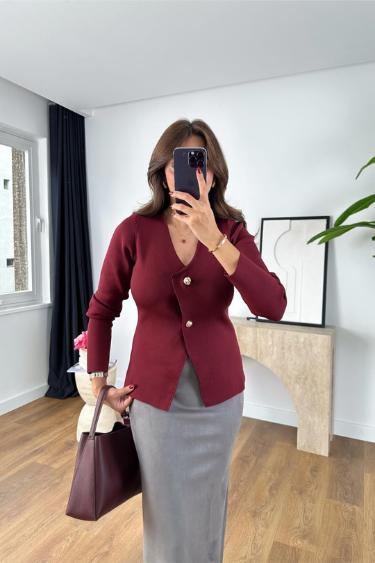 Summy Bordo Düğme Detaylı Hırka