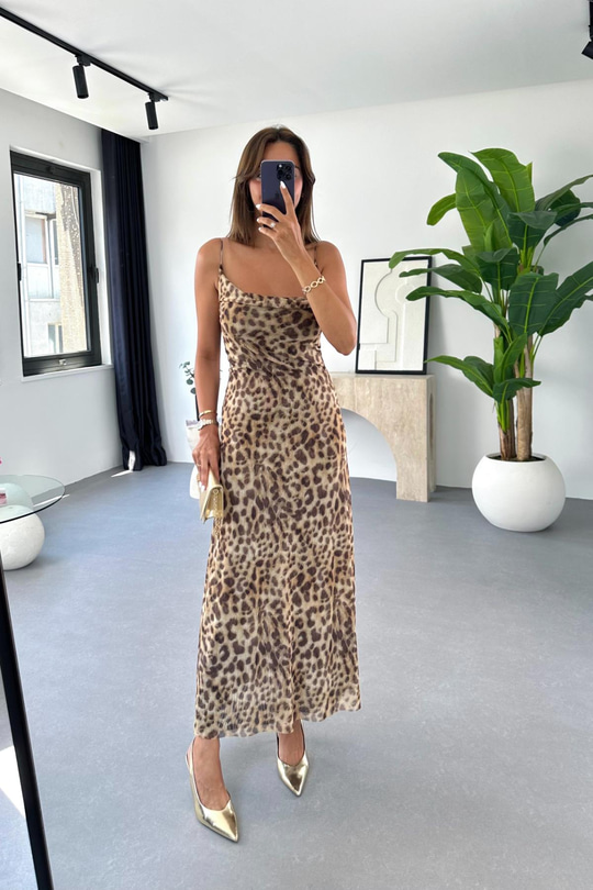 Tulla Leopar Desenli İp Askılı Tül Elbise