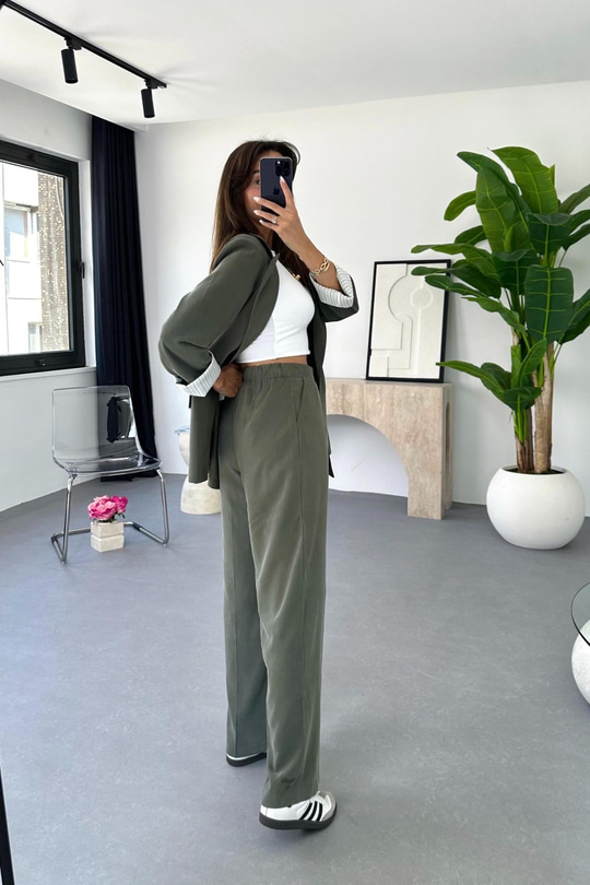 Dosy Haki Blazer Ceket Palazzo Pantolon Takım