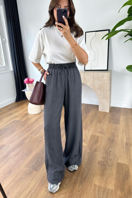 Kolse Antrasit Beli Lastikli Tencel Pantolon