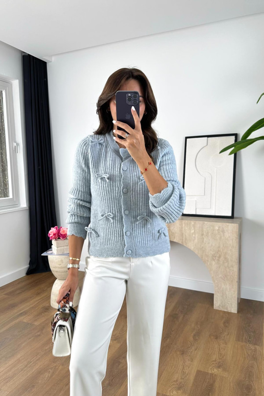 Eslena Bebe Mavi Fiyonk Detaylı Triko Hırka
