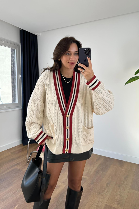 Hollex Ekru Bordo Şeritli Hırka