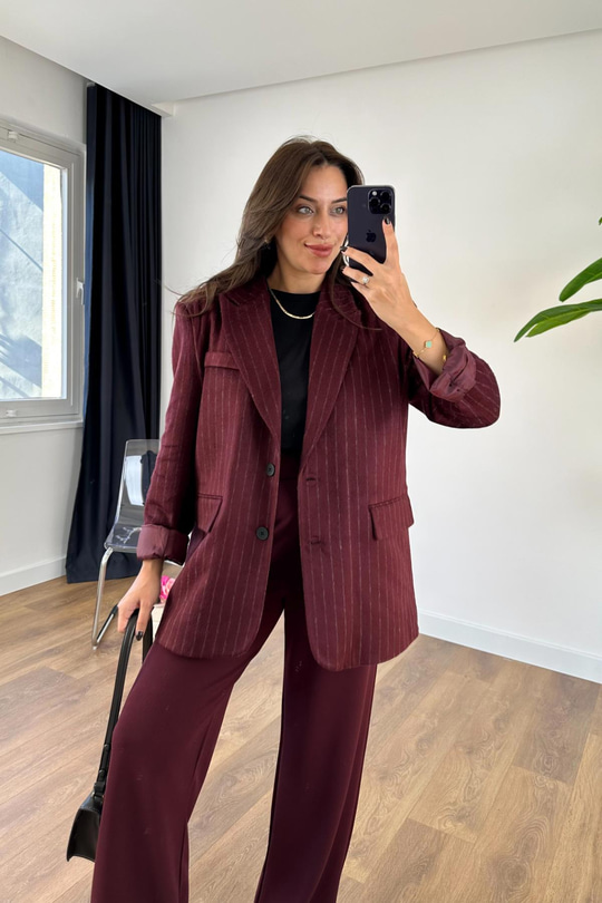 Stone Bordo Çizgili Çift Düğmeli Kaşe Ceket