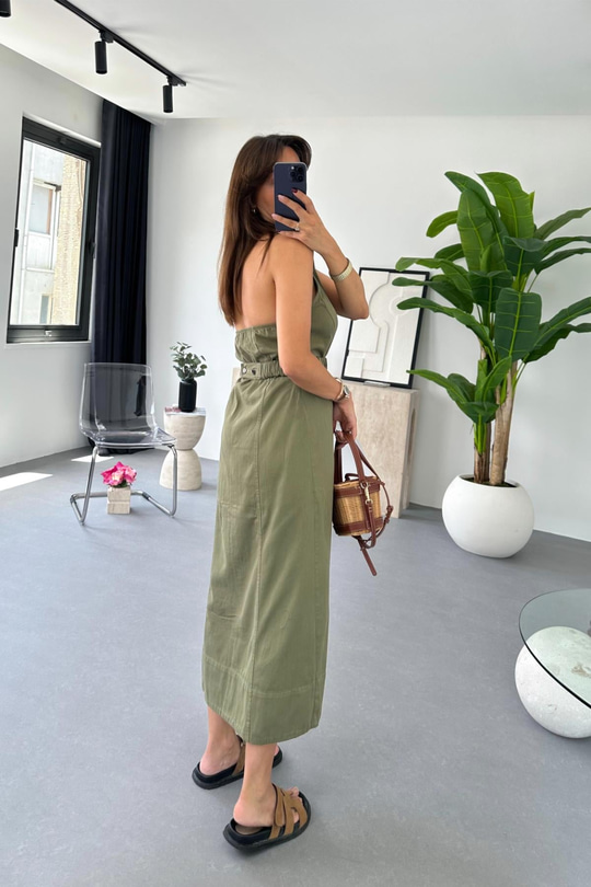 Loves Haki Halter Yaka Gabardin Elbise