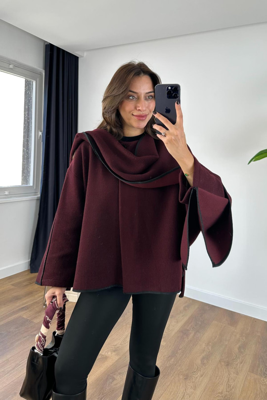Lowren Bordo Şal Detaylı Panço Kaban