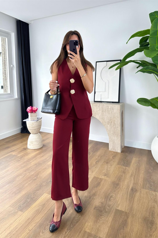Pares Bordo Gold Düğme Detaylı Yelek Pantolon Takım