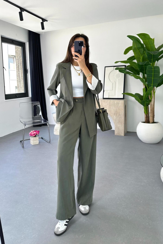 Dosy Haki Blazer Ceket Palazzo Pantolon Takım