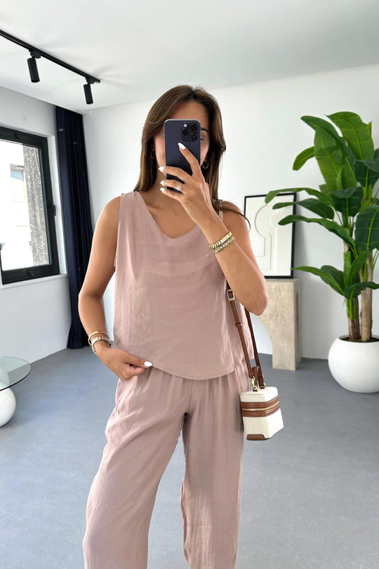 Mona Gül Kurusu Beli Bağlamalı Bluz Pantolon Takım