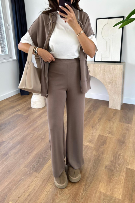 Aplesa Koyu Bej Fermuarlı Sweat-Pantolon Modal Takım