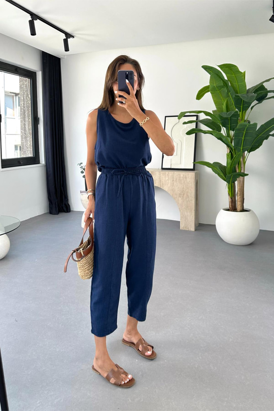 Tara Lacivert Beli Bağlamalı Bluz Pantolon Takım