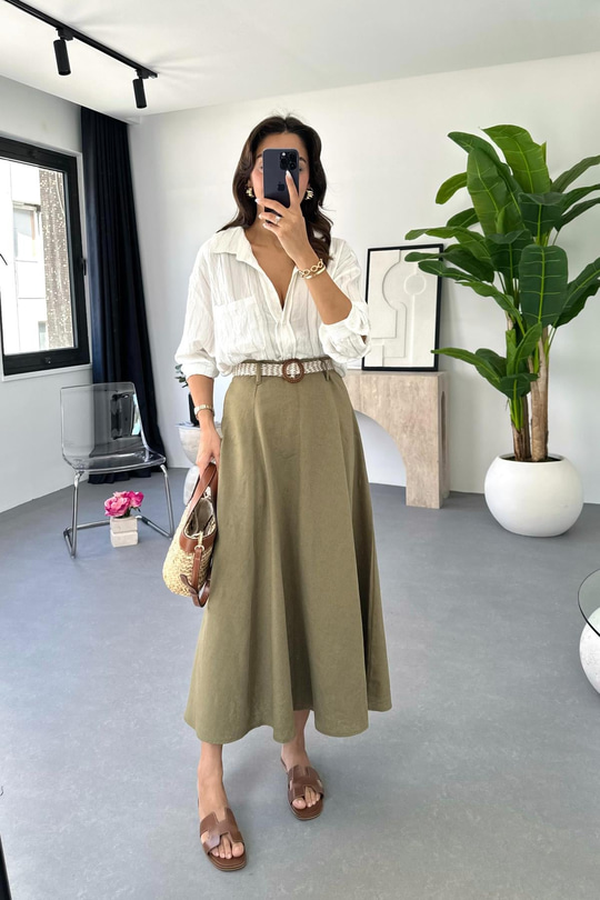 Lole Kemerli Olive Keten Maxi Etek