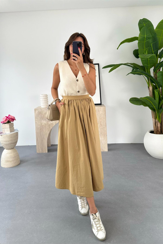 Edena Camel Beli Lastikli Etek